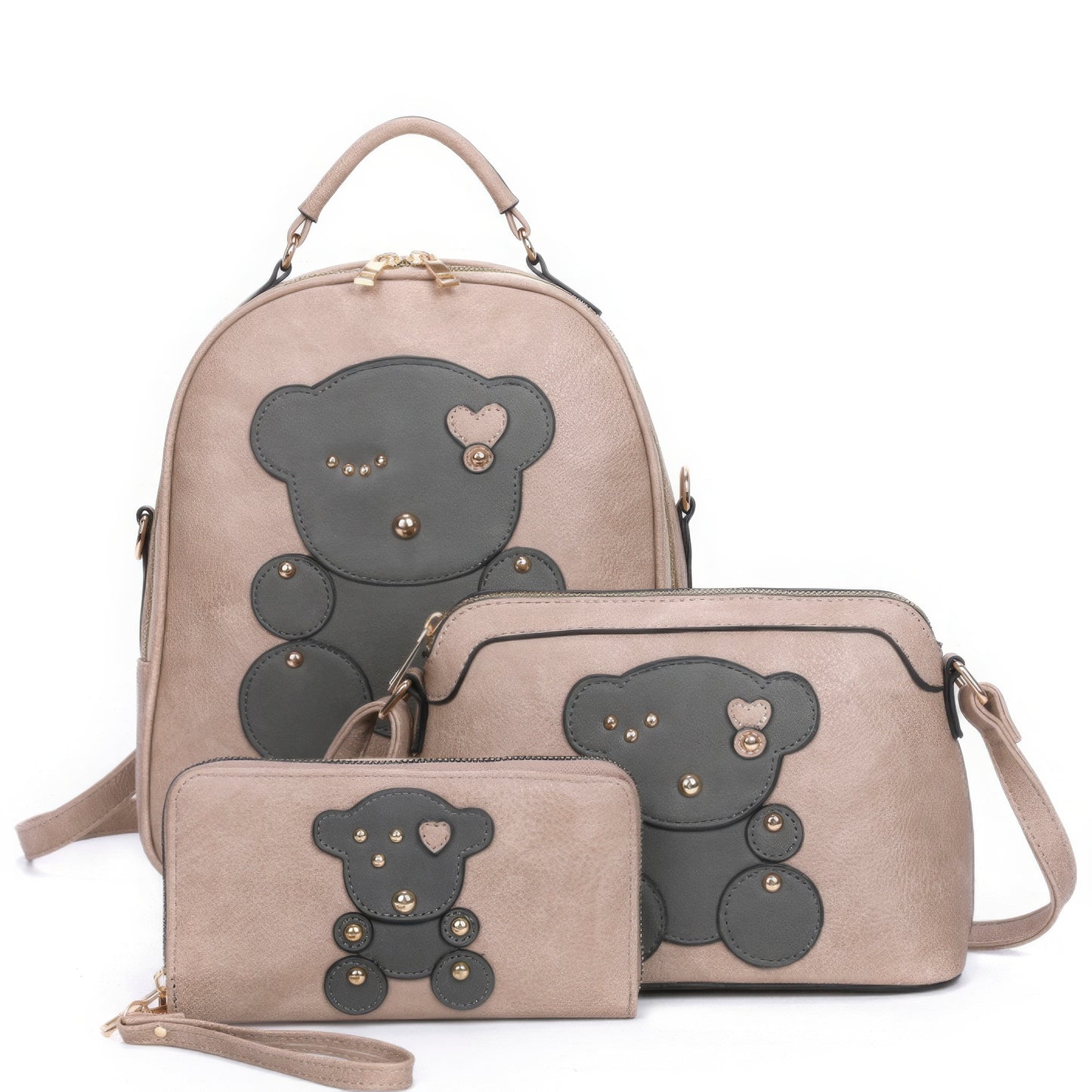 3in1 Cute Bear Design Handle Backpack W Crossbody And Wallet Set